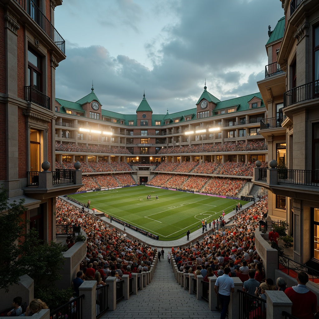 Prompt: Majestic football stadium, Romanesque style facades, ornate stone carvings, grand archways, rusticated columns, vibrant green roofs, intricate brick patterns, imposing clock towers, dramatic floodlighting, atmospheric mist effects, shallow depth of field, 1/2 composition, symmetrical architecture, warm golden lighting, realistic textures, ambient occlusion.