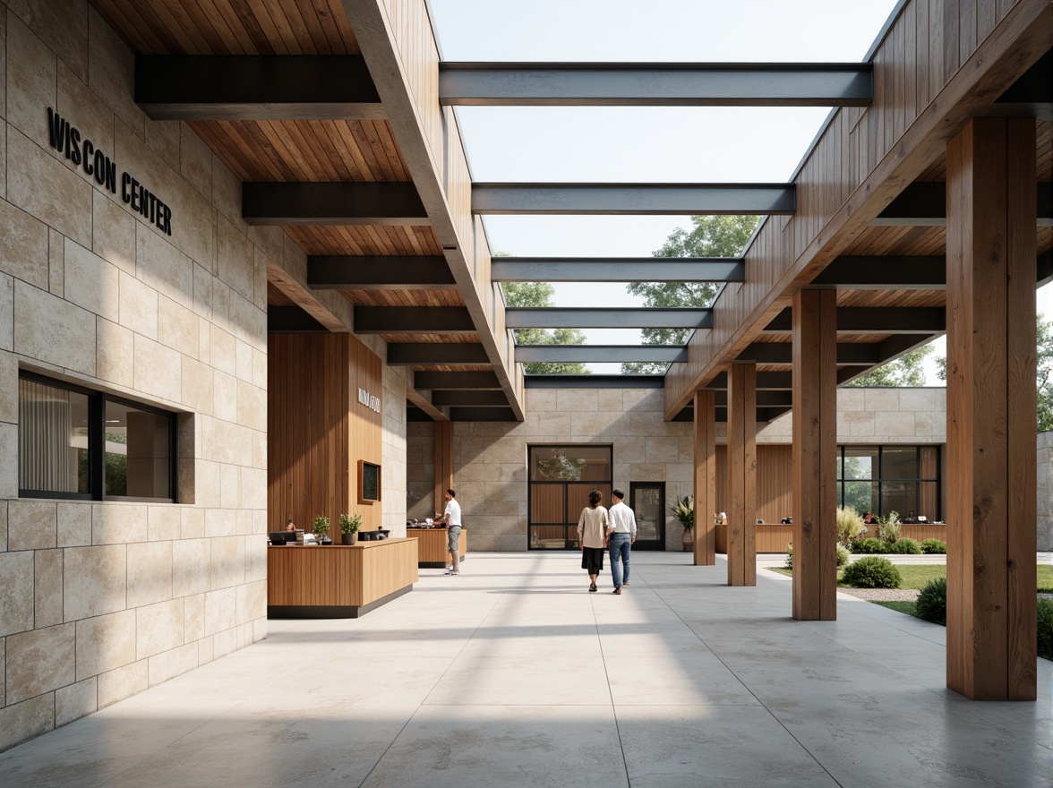 Prompt: Minimalist visitor center, natural stone walls, polished concrete floors, wooden accents, industrial metal beams, large glass windows, transparent roofs, open spaces, simple signage, subtle branding, earthy color palette, soft diffused lighting, shallow depth of field, 1/1 composition, realistic textures, ambient occlusion.