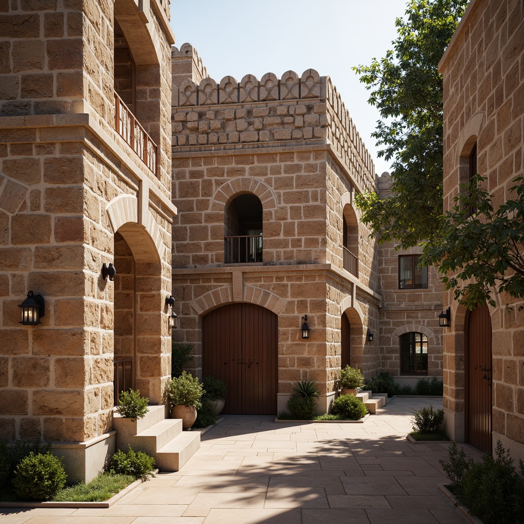 Prompt: Ancient stone structures, rustic brick walls, weathered mortar joints, ornate archways, grand entrance gates, intricately carved stonework, earthy color palette, natural textures, distressed finishes, vintage architectural details, Mediterranean-inspired designs, warm ambient lighting, shallow depth of field, 1/1 composition, realistic renderings, atmospheric perspective.