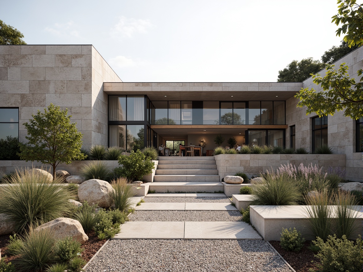 Prompt: Sleek visitor center, minimalist architecture, natural stone walls, large glass windows, sliding doors, open floor plan, low-profile roofs, subtle lighting, native plant species, gravel pathways, weathered wood accents, simple signage, organic shapes, earthy color palette, seamless integration with surroundings, panoramic views, shallow depth of field, 3/4 composition, realistic textures, ambient occlusion.