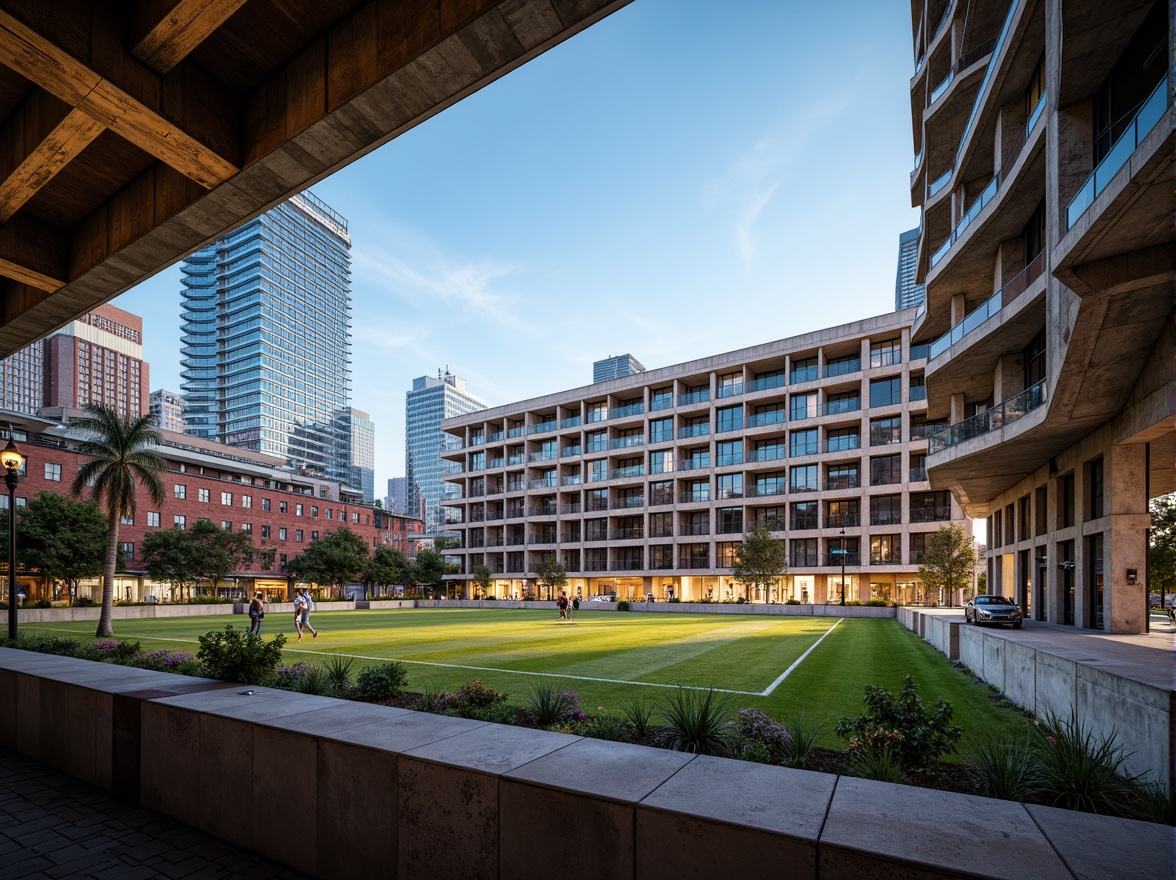 Prompt: Vibrant football stadium, social housing complex, brutalist architecture, exposed concrete structures, industrial metal beams, reclaimed wood accents, urban landscape, city skyline views, communal green spaces, public art installations, dynamic LED lighting, angular geometric forms, cantilevered balconies, corrugated metal cladding, raw concrete textures, atmospheric misting systems, 1/1 composition, dramatic low-angle shots, cinematic lighting effects.