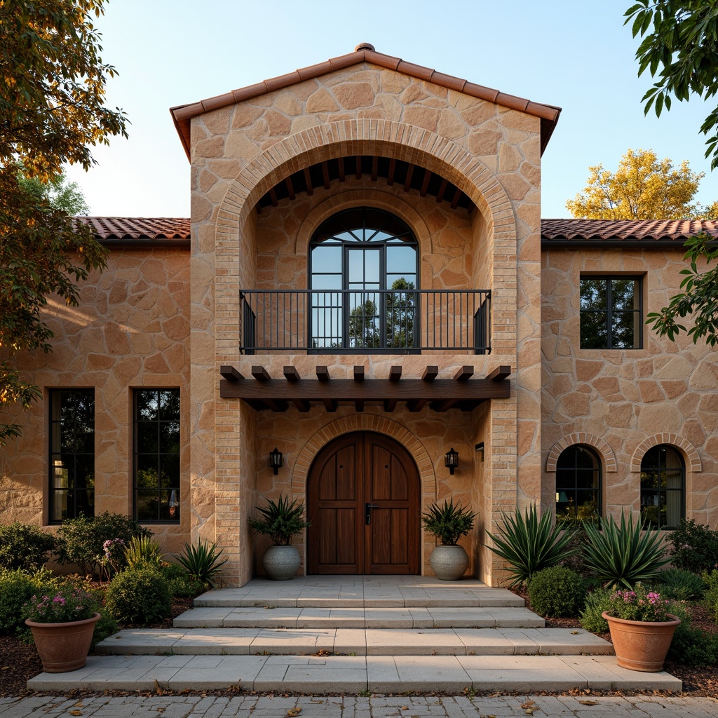 Prompt: Rustic winery facade, Byzantine-inspired arches, ornate stone carvings, terracotta roof tiles, earthy color palette, natural stone walls, wooden accents, heavy metal doors, grand entranceways, intricate mosaics, stained glass windows, warm golden lighting, soft focus, shallow depth of field, 2/3 composition, symmetrical framing, realistic textures, ambient occlusion.