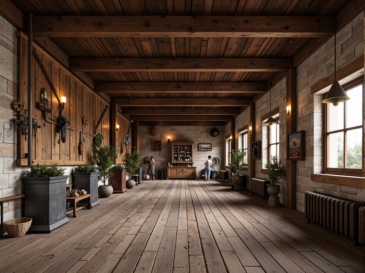 Prompt: Rustic barn, reclaimed wood, metal accents, corrugated steel, wooden beams, exposed brick, natural stone walls, earthy tones, weathered finishes, industrial chic decor, vintage farm tools, distressed textures, warm ambient lighting, soft shadows, 1/1 composition, shallow depth of field, realistic renderings.