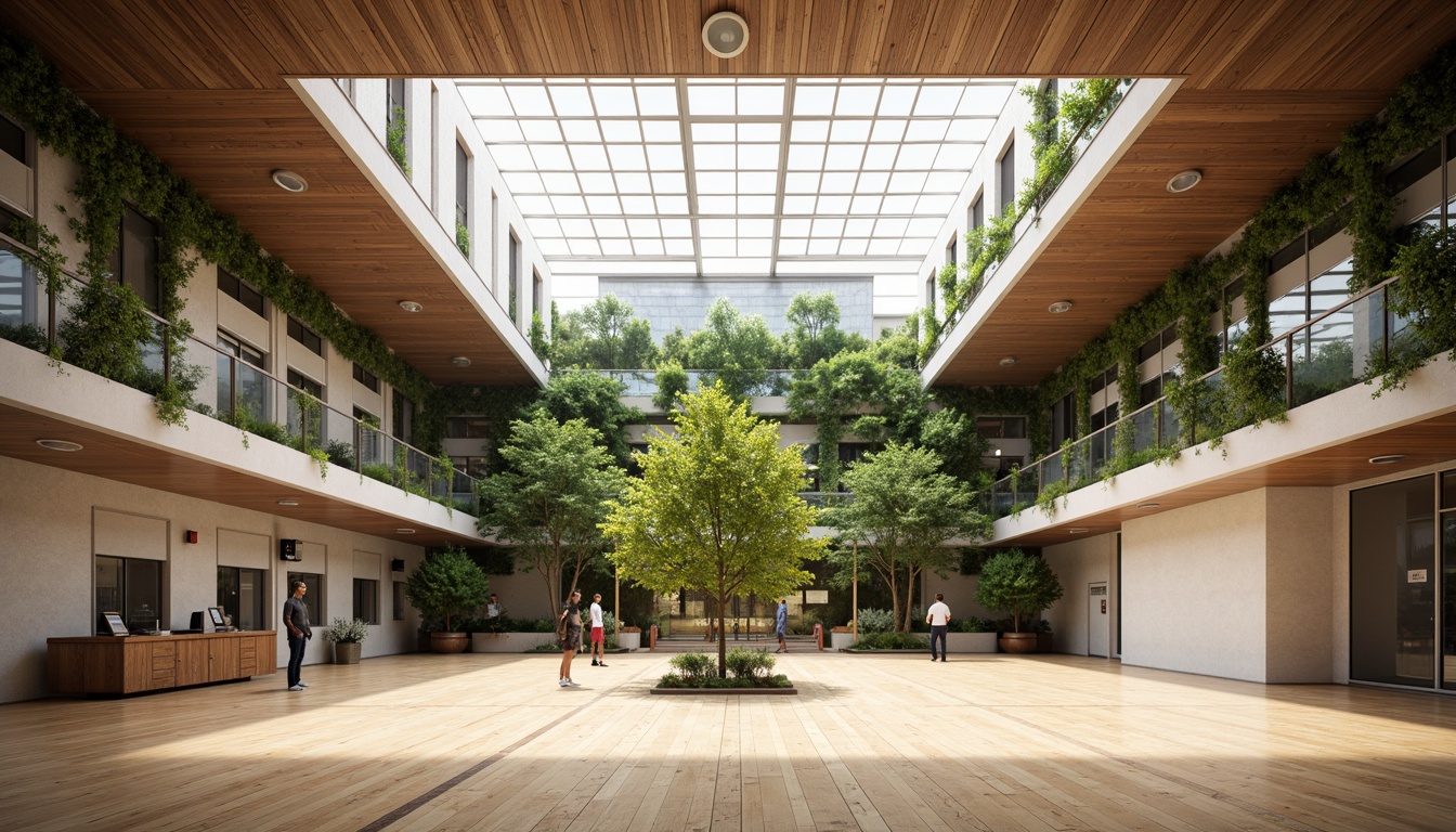 Prompt: Spacious gymnasium interior, high ceilings, clerestory windows, natural ventilation systems, solar tubes, wind catchers, green roofs, living walls, breathable materials, recycled rubber flooring, wooden accents, minimal artificial lighting, soft diffused daylight, warm earthy tones, organic textures, 3/4 composition, shallow depth of field, realistic renderings.