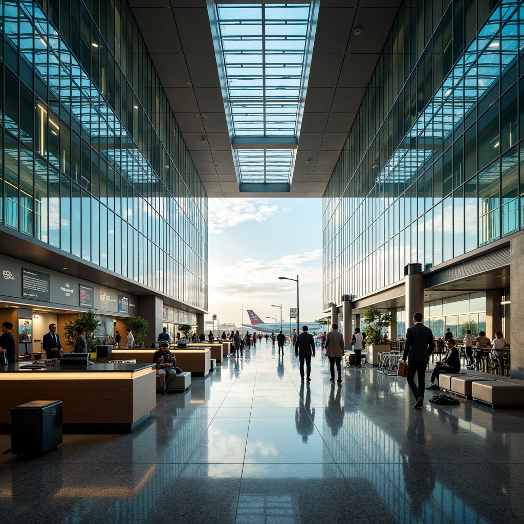 Prompt: Airy airport terminal, translucent facades, gleaming metal frames, vibrant LED lighting, spacious interior atriums, polished marble floors, modern minimalist seating areas, sleek information desks, futuristic flight information displays, bustling passenger traffic, dynamic escalators, panoramic views of airfields, warm natural light, shallow depth of field, 1/1 composition, realistic reflections, ambient occlusion.