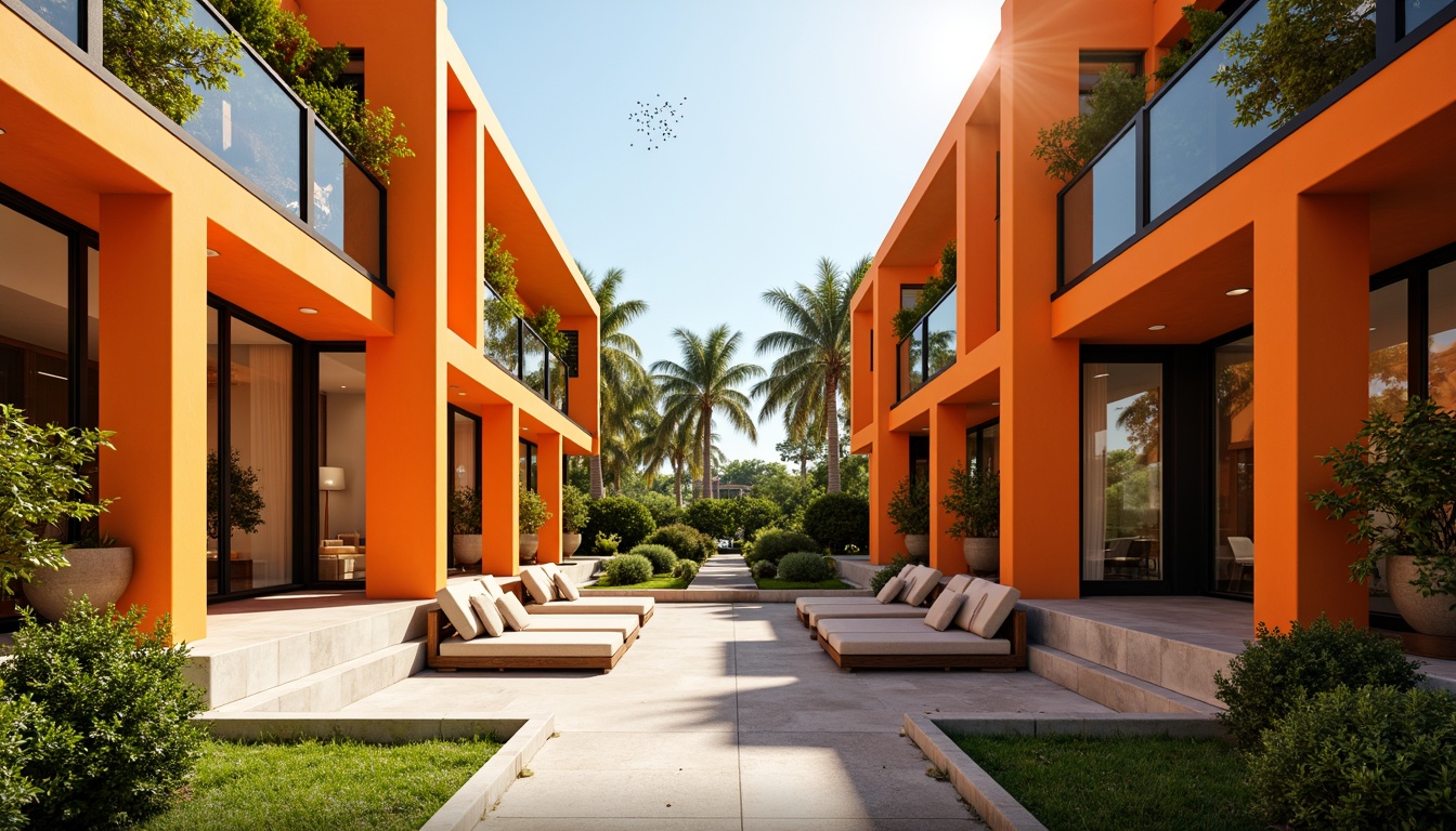 Prompt: Vibrant tangerine hues, warm orange tones, inviting citrus accents, modern minimalist architecture, sleek glass facades, angular metal lines, bold geometric patterns, natural stone textures, lush greenery, tropical plants, sunny day, soft warm lighting, shallow depth of field, 3/4 composition, panoramic view, realistic renderings, ambient occlusion.