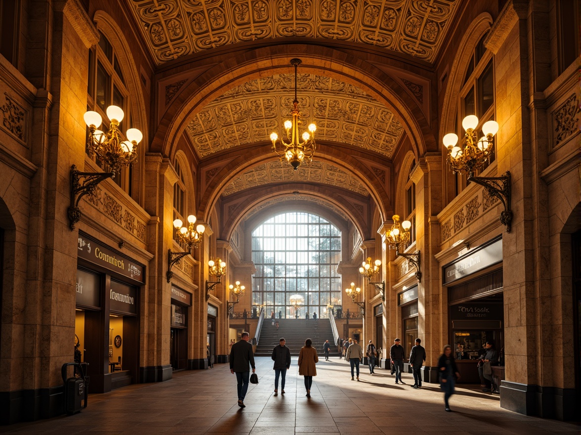 Prompt: Grand archways, ornate columns, vaulted ceilings, intricate stone carvings, warm golden lighting, bustling metro station, Romanesque style architecture, historic ambiance, detailed moldings, rustic brick walls, grand staircases, elegant chandeliers, vibrant urban atmosphere, morning rush hour, shallow depth of field, 1/2 composition, realistic textures, ambient occlusion.