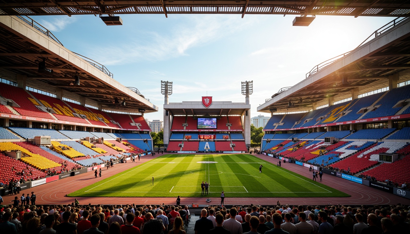 Prompt: Vibrant sports stadium, dynamic color scheme, bold team branding, energetic crowd atmosphere, sleek modern architecture, angular lines, retractable roofs, natural grass fields, athletic track lanes, scoreboard displays, floodlighting, warm golden lighting, shallow depth of field, 3/4 composition, panoramic view, realistic textures, ambient occlusion.