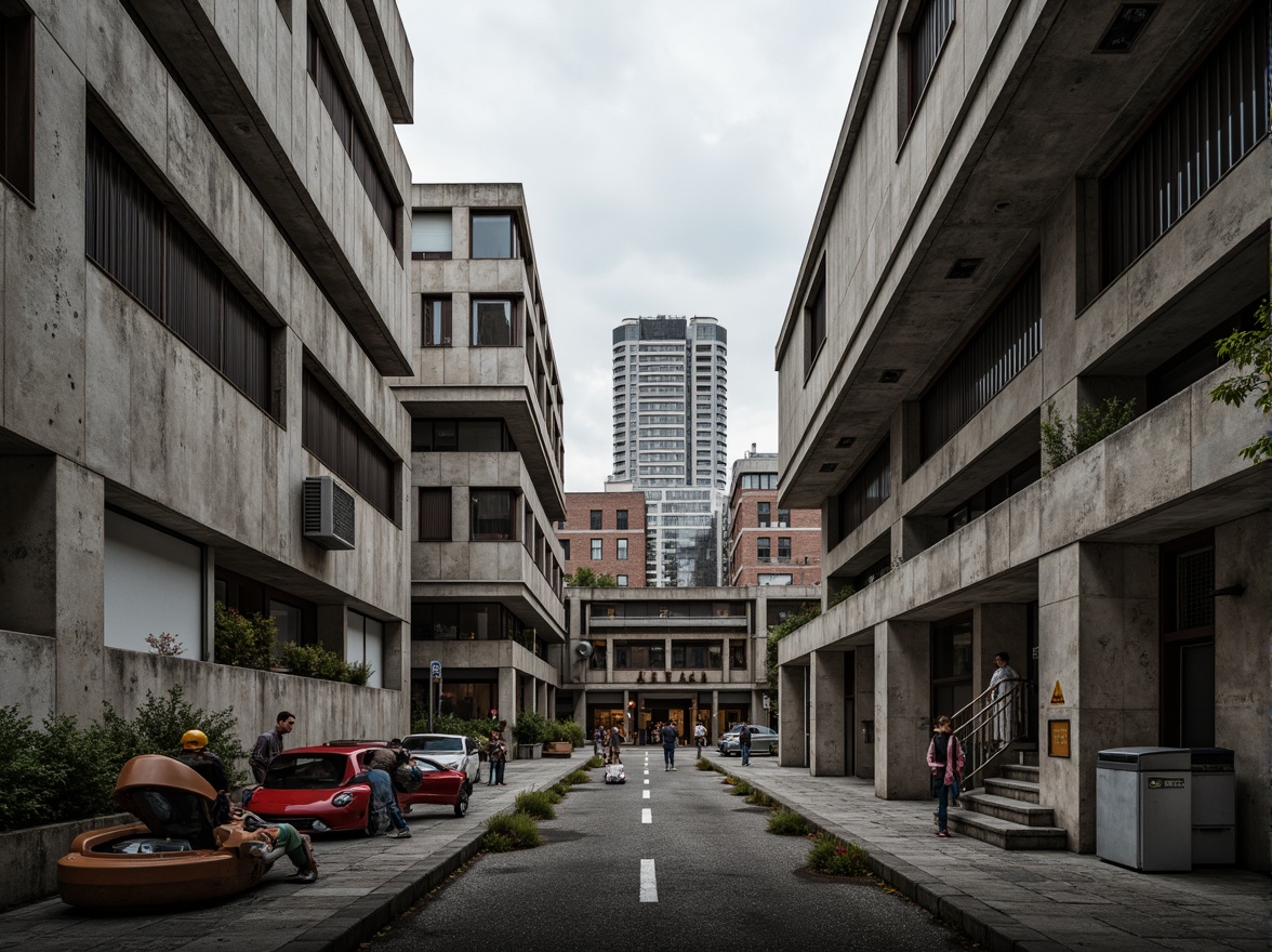 Prompt: Rugged brutalist architecture, exposed concrete surfaces, industrial textures, bold geometric forms, cantilevered structures, raw unfinished materials, urban cityscape, overcast skies, dramatic shadows, high-contrast lighting, 1/2 composition, low-angle shot, atmospheric perspective, detailed rust patterns, weathered steel beams, reinforced concrete columns, innovative formwork systems, modular construction methods, complex spatial relationships, abstract expressionist art influences.