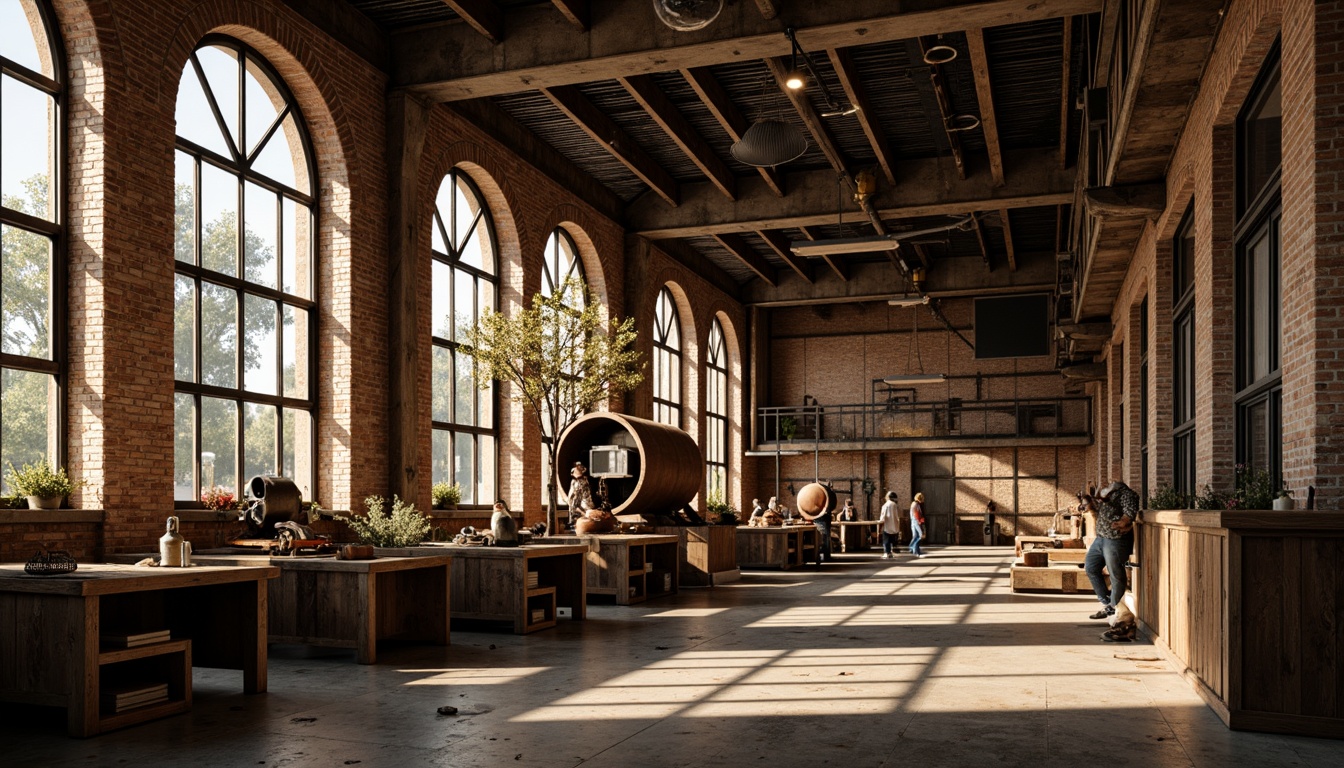 Prompt: Rustic industrial factory, Romanesque fa\u00e7ade, arched windows, ornate stone carvings, distressed brick walls, metal cladding, corrugated roofing, vintage machinery, exposed ductwork, reclaimed wood accents, earthy color palette, warm golden lighting, dramatic shadows, 1/2 composition, low-angle shot, realistic textures, ambient occlusion.