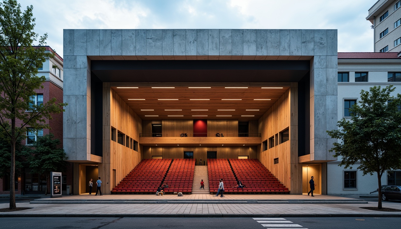 Prompt: Geometric auditorium facade, asymmetrical composition, rectangular windows, industrial metal frames, raw concrete walls, minimalist ornamentation, functionalist design, bold color accents, dramatic lighting effects, high ceilings, open floor plan, flexible seating arrangements, acoustic panels, wooden flooring, brutalist architecture, urban cityscape, cloudy day, softbox lighting, 1/2 composition, realistic materials, ambient occlusion.