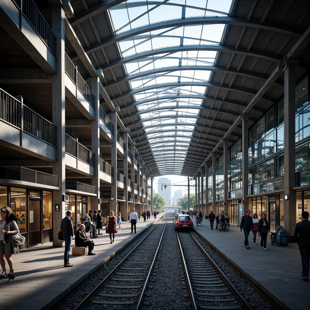 Prompt: Modern train station, steel framework, industrial aesthetic, exposed ductwork, metallic beams, sleek glass roofs, cantilevered canopies, urban landscape, bustling atmosphere, morning rush hour, natural light pouring in, shallow depth of field, 1/2 composition, realistic reflections, ambient occlusion, detailed textures, vibrant city sounds.