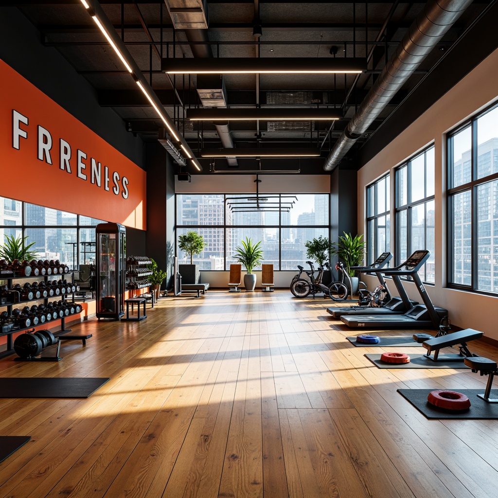 Prompt: Modern fitness studio, sleek wooden floors, mirrored walls, high ceilings, industrial lighting, motivational quotes, state-of-the-art equipment, free weights, treadmills, exercise bikes, yoga mats, resistance bands, sound systems, energetic color scheme, functional layout, open spaces, private training areas, floor-to-ceiling windows, natural light, urban views, 1/1 composition, shallow depth of field, realistic textures, ambient occlusion.