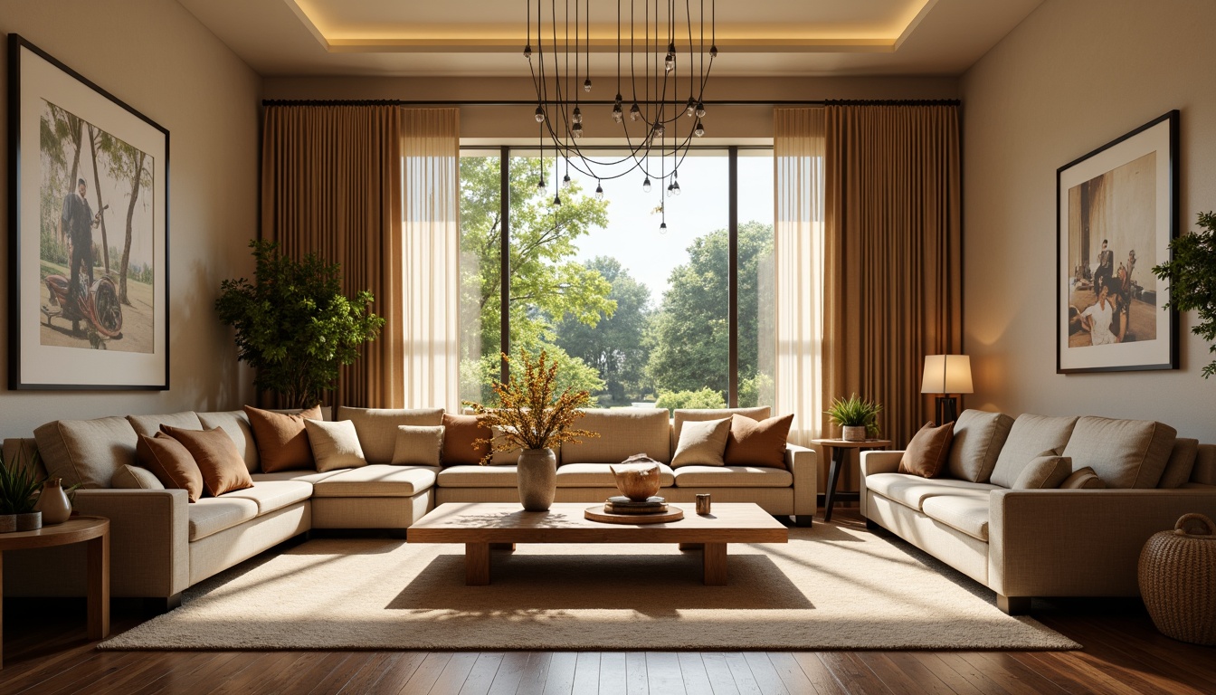 Prompt: Cozy living room, plush sofas, warm beige walls, rich wood flooring, soft golden lighting, comfortable throw pillows, modern minimalist decor, large windows, natural daylight, lush greenery views, elegant chandeliers, sophisticated color palette, calming atmosphere, shallow depth of field, 1/1 composition, realistic textures, ambient occlusion.