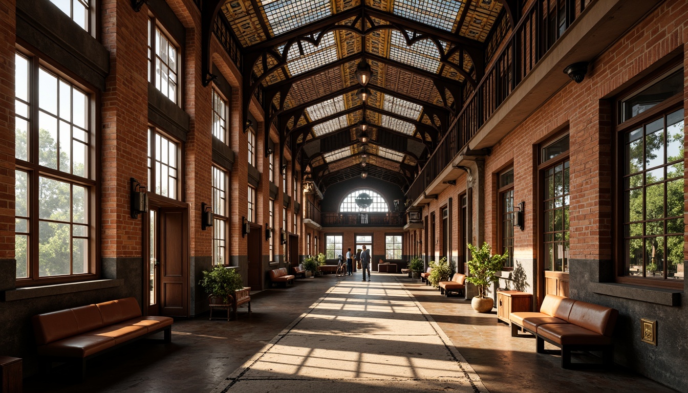 Prompt: Vintage train station, eclectic mix of materials, exposed brick walls, rusty metal beams, reclaimed wood accents, ornate ironwork, stained glass ceilings, intricate tile mosaics, distressed leather benches, antique luggage racks, industrial-style lighting fixtures, warm golden lighting, shallow depth of field, 1/1 composition, realistic textures, ambient occlusion.