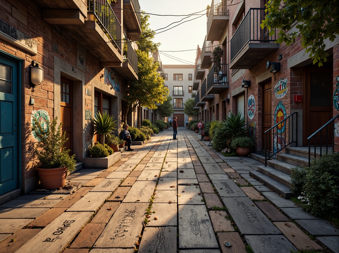 Prompt: Rustic wooden planks, distressed metal sheets, rough stone walls, vibrant graffiti murals, eclectic urban landscapes, gritty alleyways, worn brick facades, ornate architectural details, intricate mosaics, colorful street art, dynamic shadows, warm golden lighting, shallow depth of field, 1/2 composition, realistic textures, ambient occlusion.