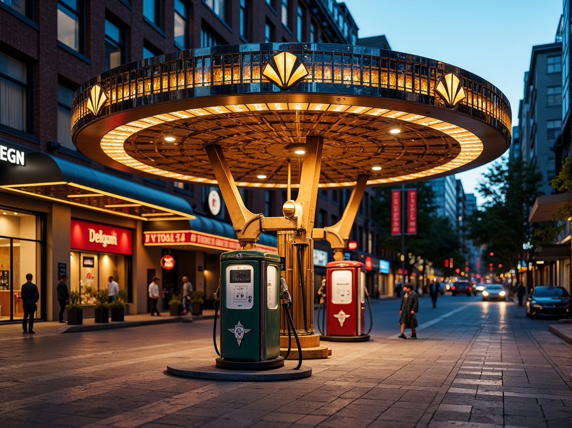 Prompt: Art Deco gas station, ornate metal canopy, vintage fuel pumps, retro-style signage, geometric patterned tiles, curved lines, luxurious materials, metallic accents, bold typography, neon lighting, urban cityscape, busy streets, evening atmosphere, warm golden lighting, shallow depth of field, 1/1 composition, symmetrical framing, high-contrast colors, detailed textures.