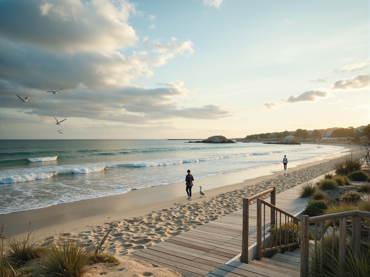 Prompt: Sandy beach, ocean waves, seagulls flying, driftwood accents, weathered wooden decks, nautical ropes, sailboat-inspired railings, calming blue-green color palette, soft pastel hues, creamy whites, warm beige tones, natural textures, woven fibers, sea-salt air, misty mornings, golden sunrises, dramatic cloud formations, 1/2 composition, atmospheric perspective, subtle gradient maps, realistic ocean simulations.