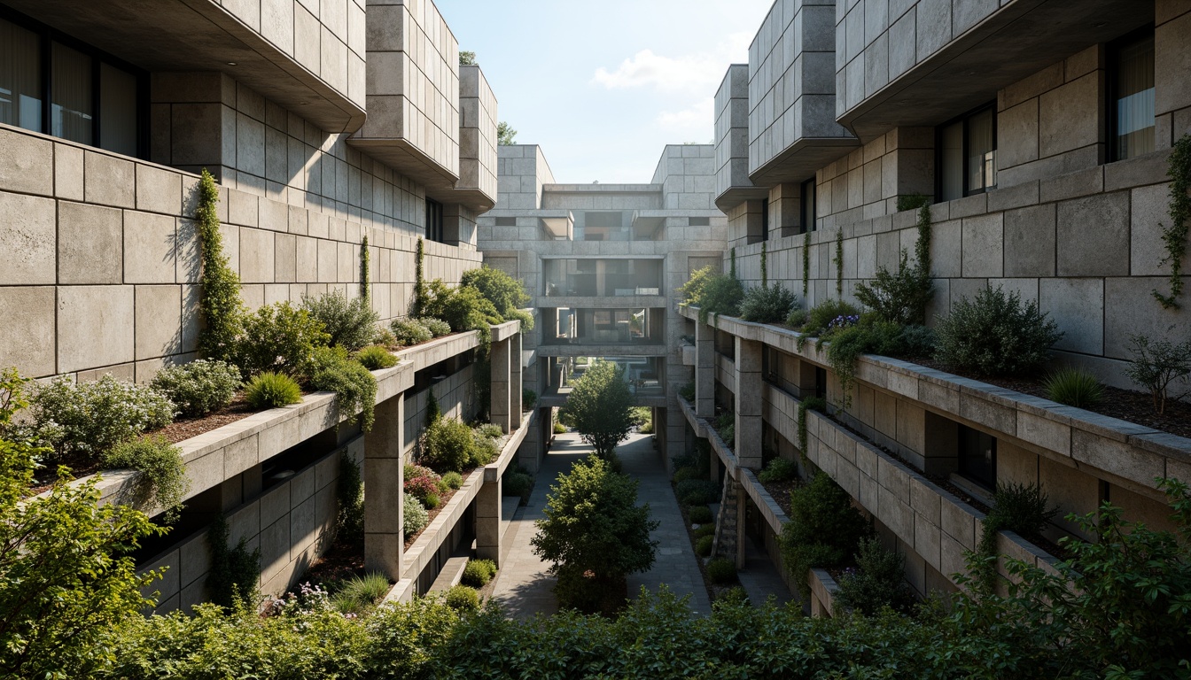 Prompt: Rugged brutalist buildings, raw concrete textures, fortress-like structures, overgrown vegetation, wildflowers, moss-covered walls, weathered steel beams, industrial materials, urban landscape integration, cityscape views, elevated walkways, cantilevered sections, dramatic shadows, harsh natural light, 1/1 composition, symmetrical framing, high-contrast colors, gritty realistic textures, ambient occlusion.