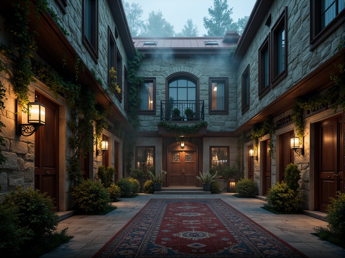 Prompt: Rustic stone walls, ornate wooden doors, stained glass windows, grandiose iron gates, mysterious foggy atmosphere, overgrown ivy vines, weathered copper roofs, intricate stone carvings, dramatic archways, lavish velvet drapes, richly patterned rugs, warm candlelight, eerie shadows, 1/1 composition, low-key lighting, cinematic mood, high-contrast textures, mystical ambiance.