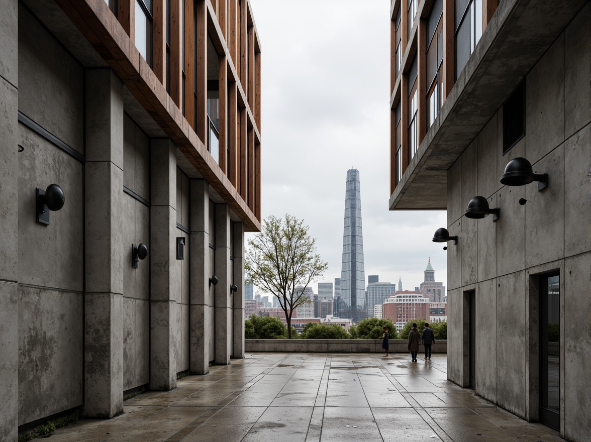 Prompt: Rough concrete walls, industrial metal beams, raw wooden accents, minimalist decorative elements, functional simplicity, bold geometric shapes, primary color schemes, brutalist influences, urban cityscape, overcast skies, dramatic shadows, high-contrast lighting, 1/1 composition, symmetrical framing, abstract textures, ambient occlusion.