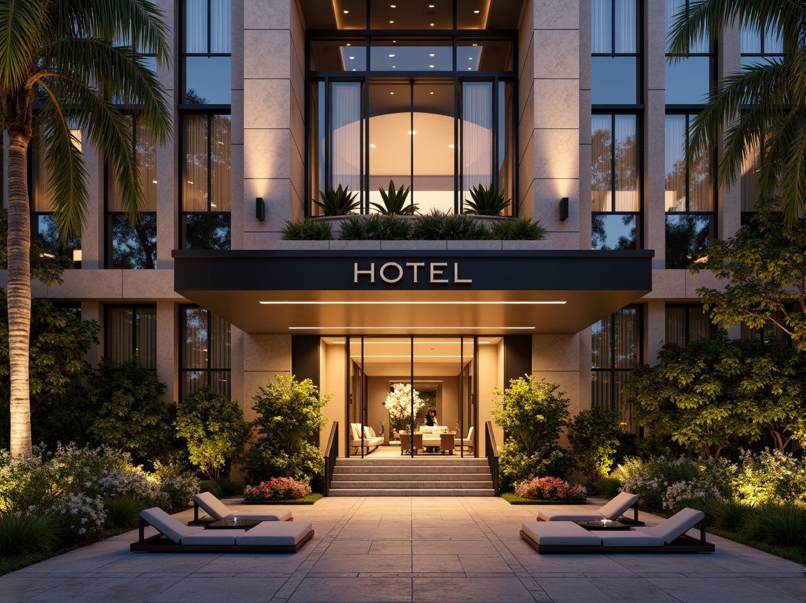 Prompt: Luxurious hotel facade, grand entrance, ornate details, warm golden lighting, inviting porte-cochere, elegant columns, sophisticated stone cladding, large glass windows, sliding doors, lavish landscaping, tropical plants, vibrant flowers, serene water features, modern minimalist design, sleek metal accents, ambient outdoor lighting, shallow depth of field, 1/1 composition, realistic textures, soft focus effect.