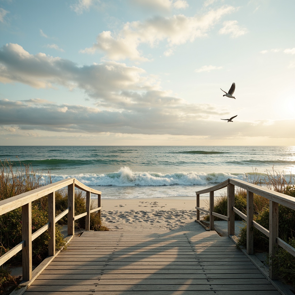 Prompt: Sandy beach, ocean waves, seagulls flying, driftwood accents, weathered wooden decks, nautical ropes, sailboat-inspired railings, calming blue-green color palette, soft pastel hues, creamy whites, warm beige tones, natural textures, woven fibers, sea-salt air, misty mornings, golden sunrises, dramatic cloud formations, 1/2 composition, atmospheric perspective, subtle gradient maps, realistic ocean simulations.