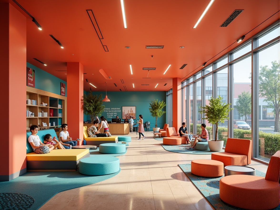 Prompt: Vibrant youth center, energetic atmosphere, bold color scheme, bright coral walls, lively turquoise accents, warm beige floors, modern minimalist furniture, sleek metal fixtures, playful patterned rugs, inspirational quotes, natural light pouring in, large windows, open spaces, collaborative zones, cozy reading nooks, dynamic lighting, shallow depth of field, 1/1 composition, realistic textures, ambient occlusion.