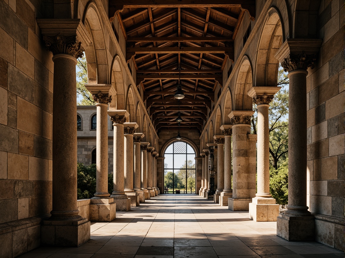 Prompt: Ancient stone columns, ornate capitals, rustic arches, weathered stonework, grand entranceways, vaulted ceilings, stained glass windows, intricate carvings, ornamental details, earthy color palette, natural textures, warm ambient lighting, shallow depth of field, 1/1 composition, symmetrical framing, realistic renderings, atmospheric effects.