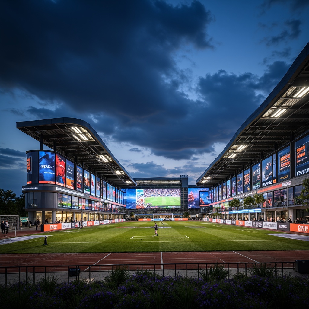 Prompt: Futuristic soccer stadium, dynamic curved lines, sleek metallic fa\u00e7ade, LED lighting systems, transparent glass walls, cantilevered roofs, grand entrance gates, international flags, vibrant team colors, modern scoreboard displays, lush green grass, athletic track lanes, floodlighting, dramatic shading, 1/2 composition, low-angle shot, realistic reflections, ambient occlusion.