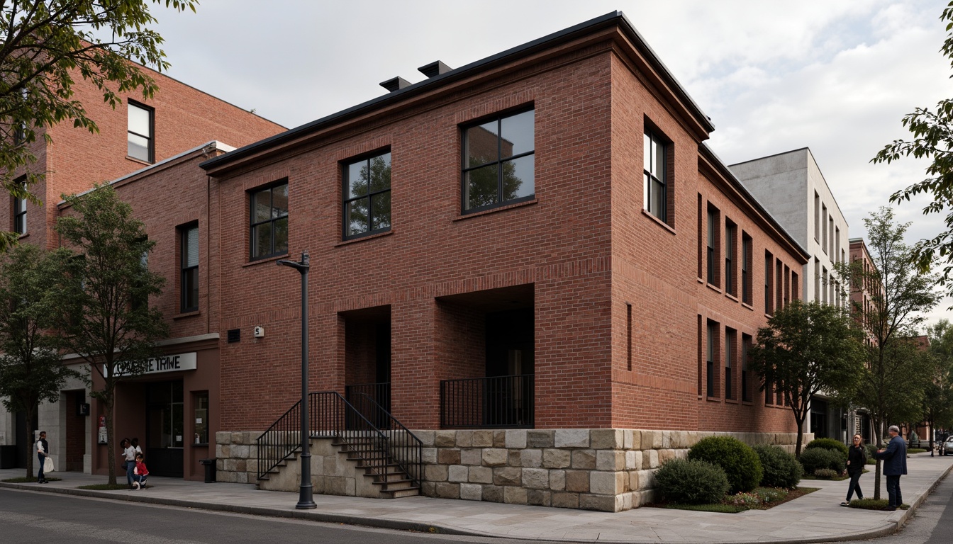 Prompt: Rustic industrial building, exposed brick facade, distressed brick walls, earthy red tones, rough-hewn stone foundations, metal accents, reclaimed wood beams, urban cityscape, overcast sky, warm soft lighting, shallow depth of field, 1/1 composition, realistic textures, ambient occlusion.