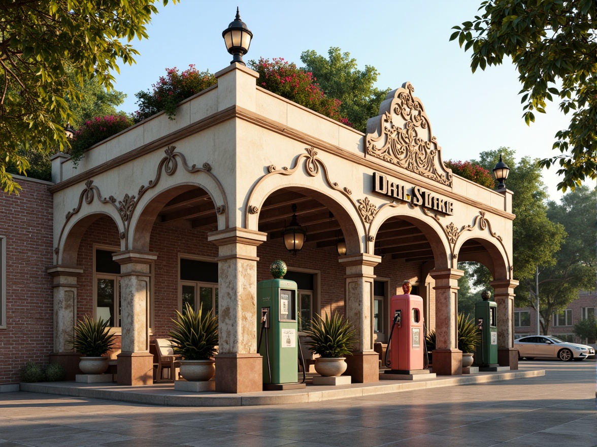 Prompt: Whimsical gas station, ornate fa\u00e7ade, vintage petrol pumps, distressed brick walls, rusty metal accents, floral patterns, soft pastel colors, intricate stonework, grand entrance arches, decorative cornices, romantic lanterns, lush greenery, blooming flowers, warm golden lighting, shallow depth of field, 1/2 composition, realistic textures, ambient occlusion.