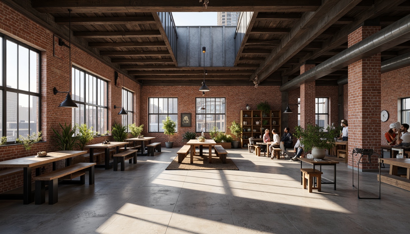 Prompt: Exposed brick walls, metal beams, reclaimed wood accents, industrial-style lighting fixtures, concrete floors, urban cityscape, converted warehouse, modern minimalist decor, functional simplicity, neutral color palette, distressed textures, vintage machinery, eclectic decorative elements, open floor plan, high ceilings, natural light pouring in, dramatic shadows, 3/4 composition, shallow depth of field, realistic renderings.