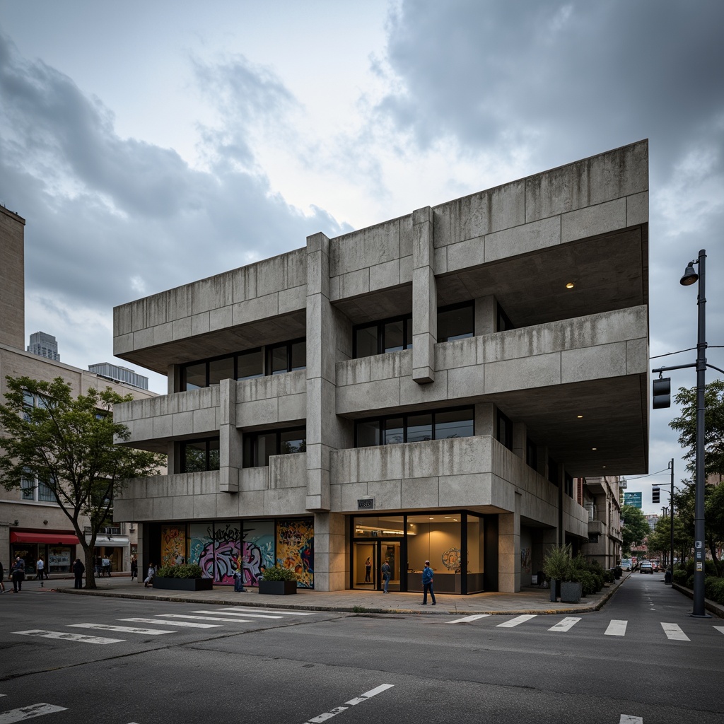 Prompt: Rugged community center, brutalist architecture, raw concrete walls, fortress-like structure, angular lines, geometric shapes, industrial materials, metal beams, exposed ductwork, urban landscape, city streets, graffiti art, street lamps, cloudy sky, dramatic lighting, high contrast, 1/1 composition, symmetrical framing, gritty textures, ambient occlusion.