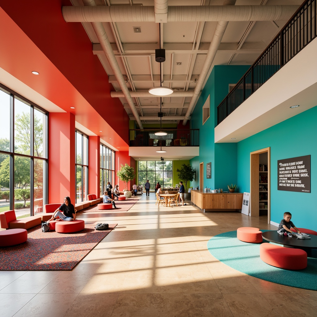 Prompt: Vibrant youth center, energetic atmosphere, bold color scheme, bright coral walls, lively turquoise accents, warm beige floors, modern minimalist furniture, sleek metal fixtures, playful patterned rugs, inspirational quotes, natural light pouring in, large windows, open spaces, collaborative zones, cozy reading nooks, dynamic lighting, shallow depth of field, 1/1 composition, realistic textures, ambient occlusion.