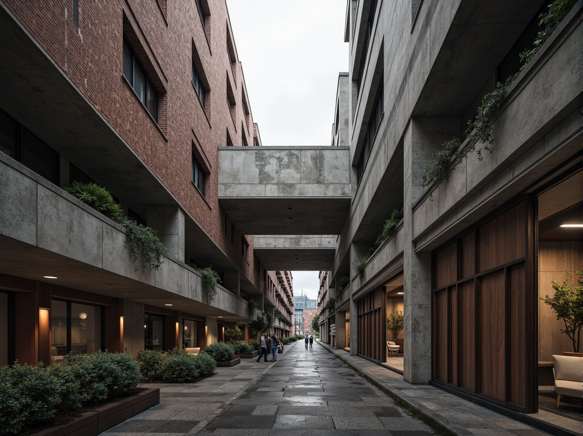 Prompt: Rough concrete walls, exposed ductwork, industrial metal beams, raw brick facades, weathered stone surfaces, distressed wood accents, brutalist monumentality, fortress-like structures, urban cityscape, overcast skies, dramatic shadows, high-contrast lighting, cinematic composition, gritty realistic textures, ambient occlusion.