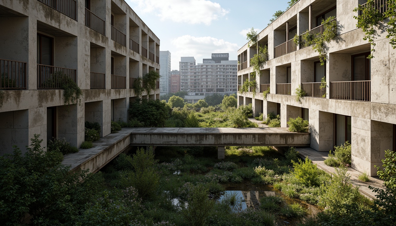 Prompt: Rugged brutalist buildings, raw concrete textures, fortress-like structures, overgrown vegetation, wildflowers, moss-covered walls, weathered steel beams, industrial materials, urban landscape integration, cityscape views, elevated walkways, cantilevered sections, dramatic shadows, harsh natural light, 1/1 composition, symmetrical framing, high-contrast lighting, gritty realistic textures, ambient occlusion.