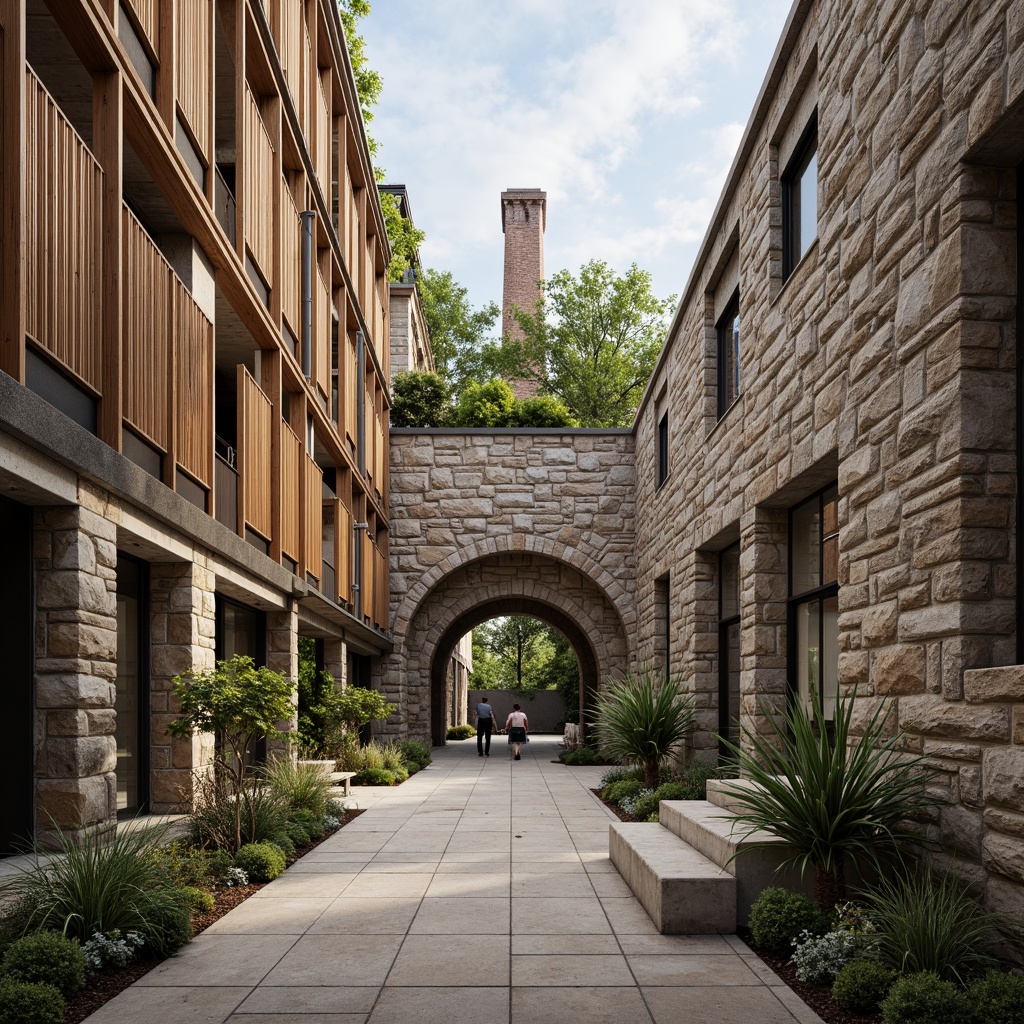 Prompt: Rough stone walls, rustic brick facades, wooden accents, natural wood grain, earthy tones, organic forms, irregular shapes, tactile experiences, 3D modeling, realistic renderings, ambient occlusion, soft warm lighting, shallow depth of field, 2/3 composition, modern architecture, sustainable design, eco-friendly materials, green roofs, living walls, urban landscapes, city skylines, industrial heritage, converted warehouses.