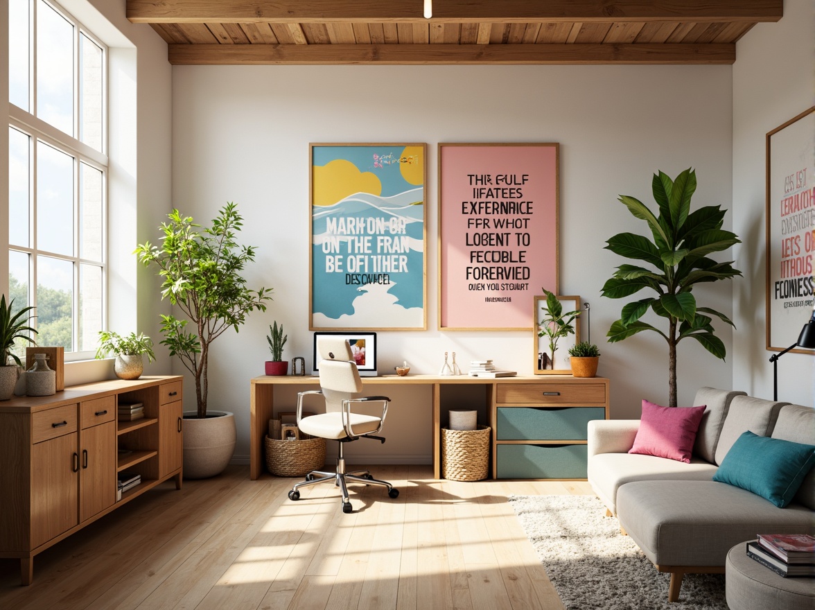 Prompt: Vibrant design studio, modern minimalist interior, sleek wooden desk, ergonomic chair, creative workflow, inspirational quotes, colorful artwork, natural light pouring in, soft warm glow, pastel color scheme, creamy whites, rich blues, earthy tones, bold accents, 3/4 composition, shallow depth of field, realistic textures, ambient occlusion.