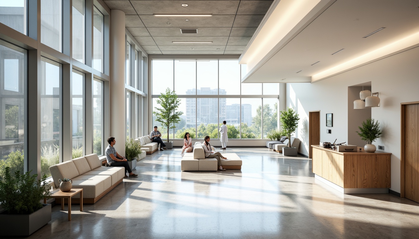 Prompt: Minimalist hospital interior, abundant natural light, floor-to-ceiling windows, sleek metal frames, polished concrete floors, calming white walls, sparse greenery, modern medical equipment, stainless steel surfaces, subtle ambient lighting, soft warm tones, shallow depth of field, 1/1 composition, realistic textures, ambient occlusion, serene atmosphere, peaceful waiting areas, comfortable patient rooms, efficient nurse stations, minimalist decor, natural stone accents, wooden furniture, gentle color palette.