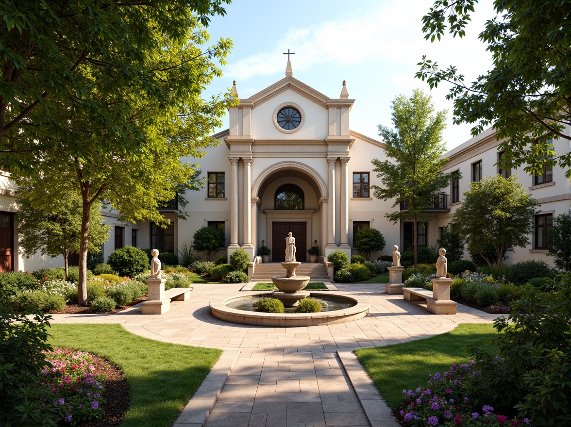 Prompt: \Serene church courtyard, lush greenery, vibrant flowers, ornate fountains, walking paths, benches, classical columns, symmetrical architecture, grand entrance, stone statues, manicured lawns, seasonal blooming plants, sunny day, soft warm lighting, shallow depth of field, 3/4 composition, panoramic view, realistic textures, ambient occlusion.\Let me know if you need any adjustments!