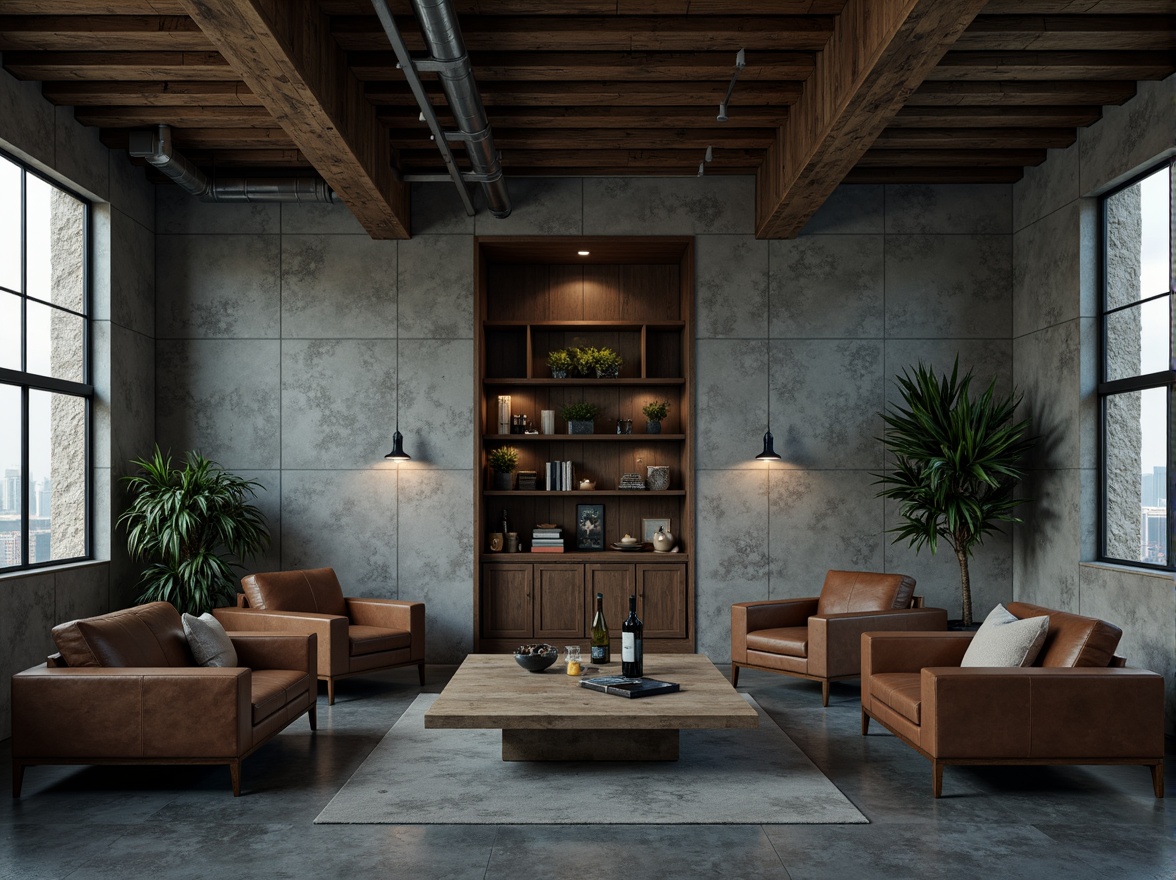 Prompt: Exposed concrete walls, industrial metal beams, raw wood accents, brutalist architecture, urban loft atmosphere, moody dark tones, rich brown leather furniture, cold grey stone floors, minimalist decor, functional lighting fixtures, steel windows, cityscape views, dramatic shadows, high contrast ratios, cinematic composition, atmospheric fog effects, gritty textures, realistic materials.