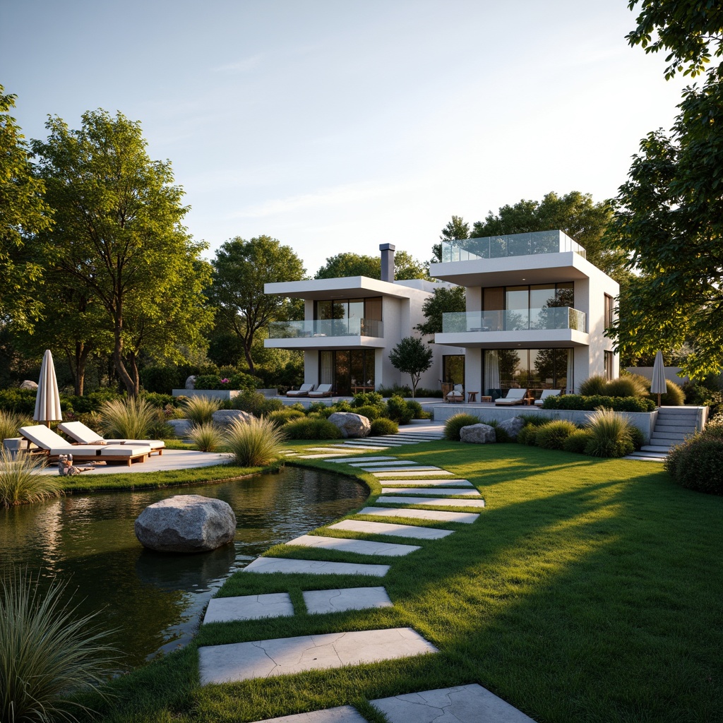 Prompt: Sleek modern villas, lush green lawns, vibrant flowerbeds, meandering stone pathways, tranquil water features, natural rock formations, wooden decks, outdoor seating areas, minimalist garden ornaments, ambient lighting, warm sunset glow, shallow depth of field, 1/1 composition, realistic textures, soft focus effect.