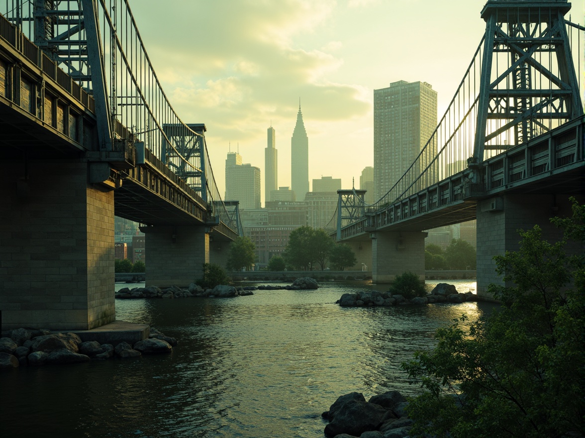 Prompt: Rustic steel bridges, industrial-era aesthetic, weathered metal textures, earthy tones, muted greens, blues and grays, warm golden lighting, misty atmospheric effects, dramatic shadows, 3/4 composition, cinematic view, realistic reflections, ambient occlusion, urban cityscape, riverbank setting, lush vegetation, natural stone piers, modern architectural elements, sleek cable systems.