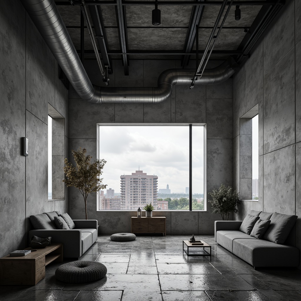 Prompt: Raw concrete walls, exposed ductwork, industrial pipes, metal beams, minimalist decor, functional furniture, monochromatic color scheme, cold harsh lighting, dramatic shadows, brutalist architecture, fortress-like structure, imposing scale, rugged textures, urban landscape views, cityscape backdrop, overcast skies, moody atmosphere, high contrast ratio, 1/1 composition, symmetrical framing, stark realism.