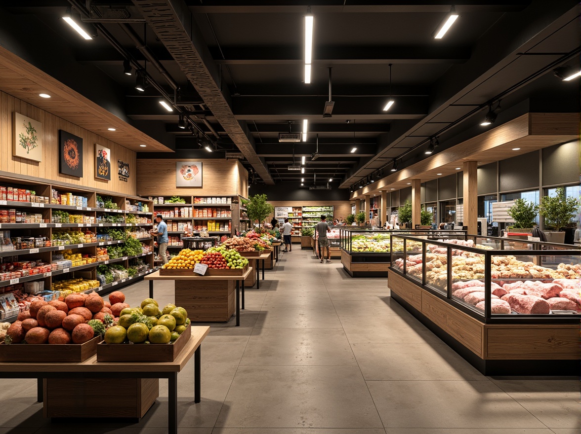 Prompt: Well-lit grocery store interior, warm and inviting atmosphere, LED lighting systems, energy-efficient solutions, suspended ceiling fixtures, track lighting, display case highlights, aisle lighting, floor-to-ceiling shelves, colorful product displays, fresh produce stands, meat and seafood counters, dairy and bakery sections, checkout lanes, modern minimalist decor, polished concrete floors, wooden accents, subtle color scheme, soft warm glow, 1/2 composition, shallow depth of field, realistic textures.