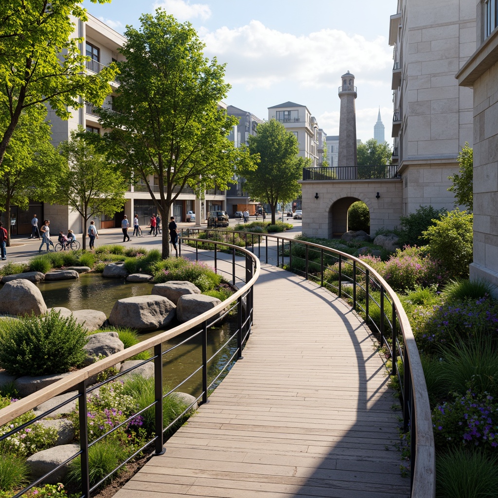 Prompt: Curved pedestrian bridge, sleek metal railings, wooden decking, lush greenery, vibrant flowers, natural stone pillars, modern architecture, urban landscape integration, bustling city streets, busy pedestrian traffic, sunny day, soft warm lighting, shallow depth of field, 3/4 composition, panoramic view, realistic textures, ambient occlusion, connecting parks, public art installations, interactive exhibits, accessible ramps, staircases, observation decks, scenic overlooks, dynamic water features.