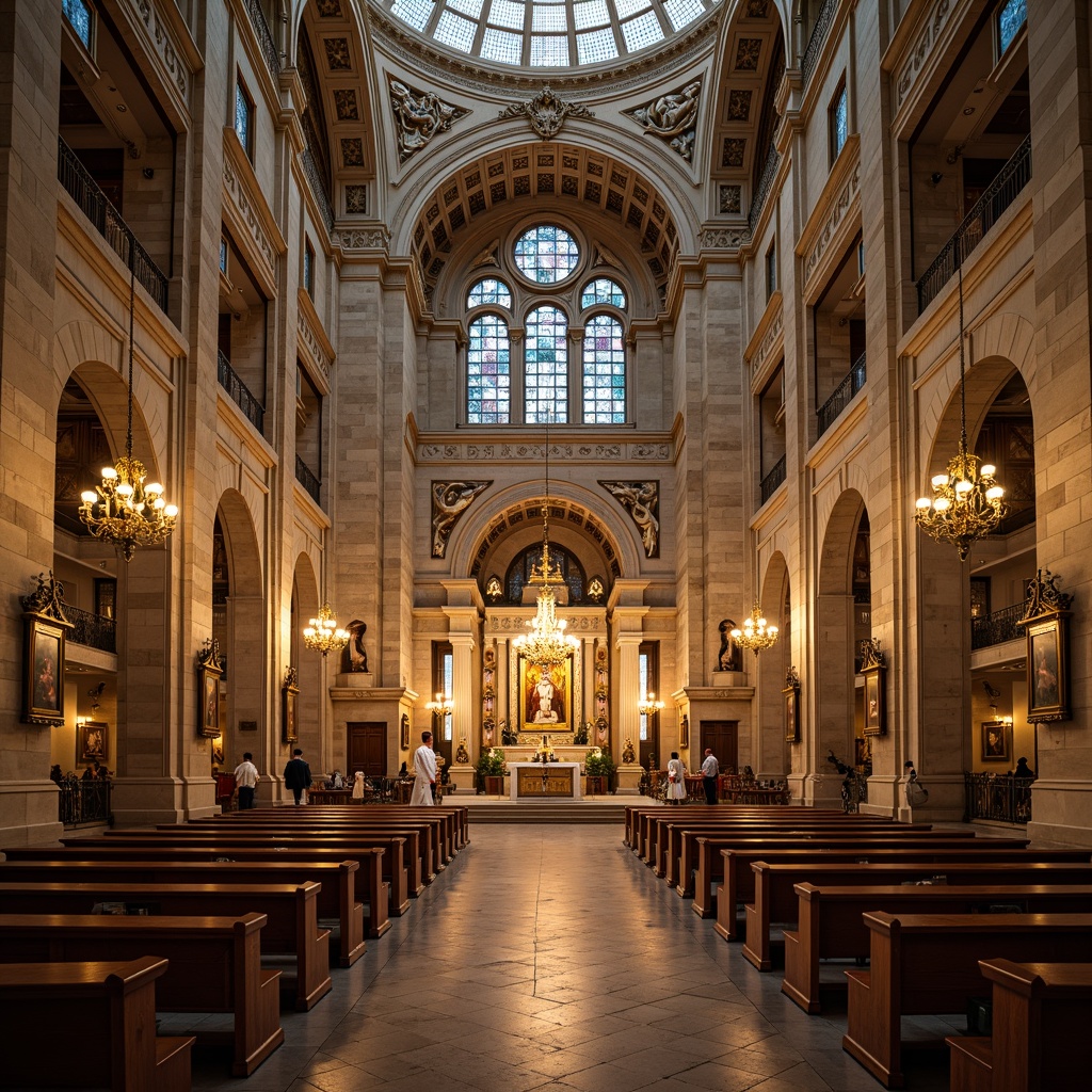 Prompt: Sacred temple, grand dome, intricate arches, ornate columns, lavish chandeliers, stained glass windows, serene ambiance, peaceful atmosphere, natural stone flooring, wooden pews, elegant altarpieces, devotional statues, soft warm lighting, shallow depth of field, 3/4 composition, symmetrical architecture, harmonious proportions, calming color palette, spiritual energy, mystical aura, sacred geometry, symbolic motifs, cultural heritage, reverent silence.