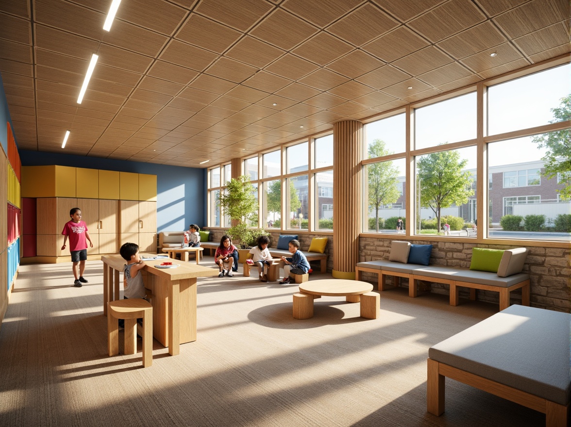 Prompt: Vibrant elementary school, colorful lockers, wooden classroom furniture, soft carpeted floors, acoustic ceiling tiles, natural stone walls, large windows, abundant daylight, eco-friendly materials, sustainable design, minimalist decor, collaborative learning spaces, interactive whiteboards, comfortable seating areas, playful kid-friendly textures, warm earthy tones, inviting atmosphere, shallow depth of field, 3/4 composition, realistic renderings.