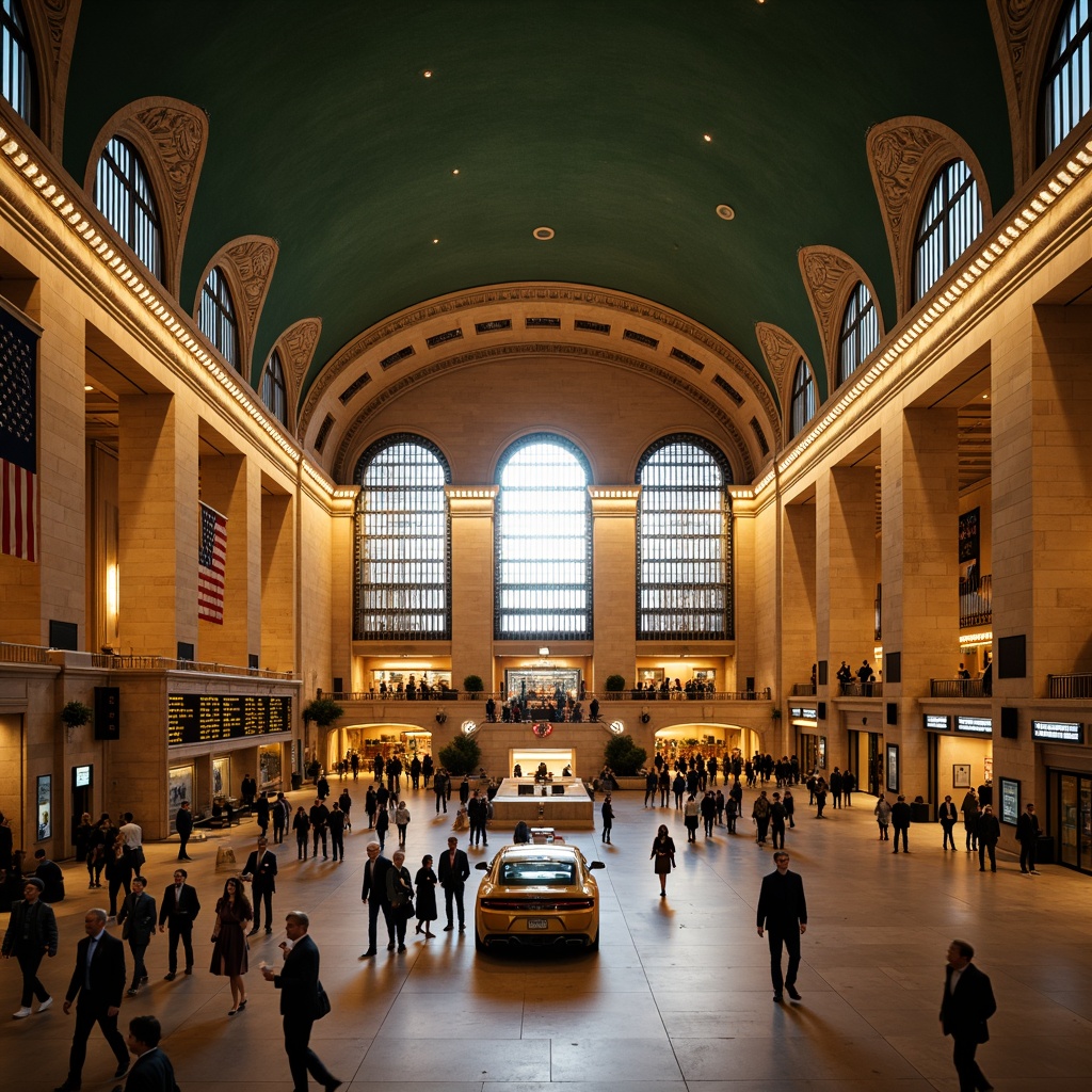 Prompt: Grand central station, ornate metalwork, intricate stonework, vaulted ceilings, majestic archways, elegant chandeliers, refined wooden accents, luxurious textiles, sophisticated signage, bustling atmosphere, morning rush hour, warm golden lighting, shallow depth of field, 1/2 composition, symmetrical framing, realistic reflections, ambient occlusion.